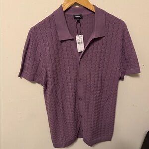 Plum Textured Men's Button Down Short Sleeve Sweater Polo